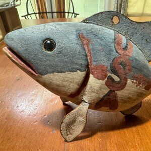 Vintage handmade patriotic USA wood/metal ice fishing decoy - the real deal!